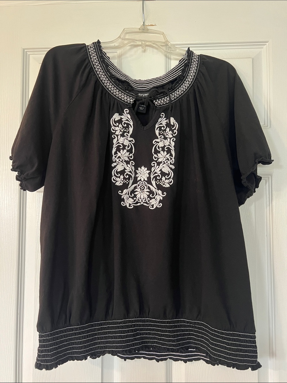 Lane Bryant Black Short-Sleeve Embroidered Peasant Blouse
